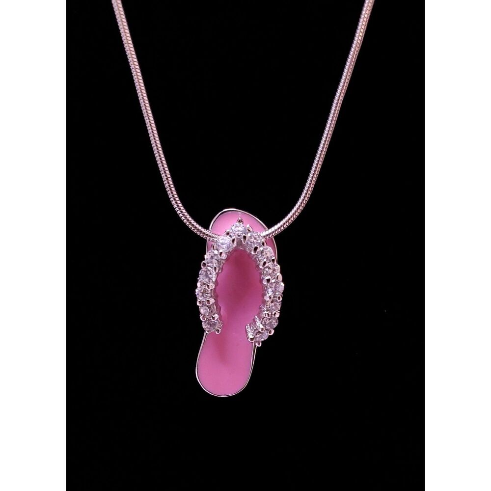 Beachy Summer Sterling Silver Pink Flip Flop Rhinestone Pendant and Necklace 925